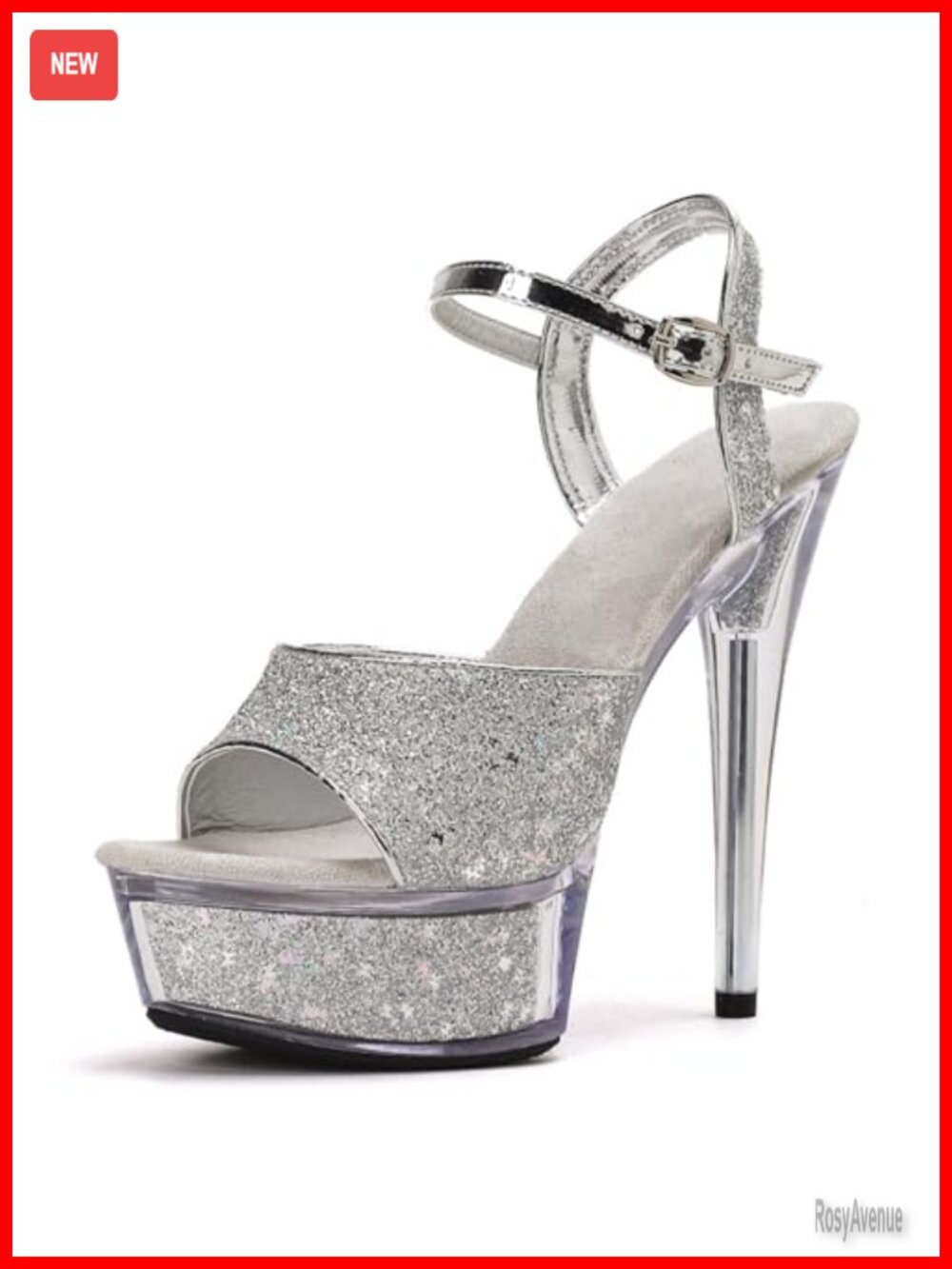 Women's Sparkling Platform Stiletto Heeled Sandals with Cross Ankle Buckle